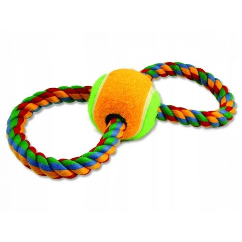   Ósemka ze sznura z piłką 25 cm zabawka dla psa
